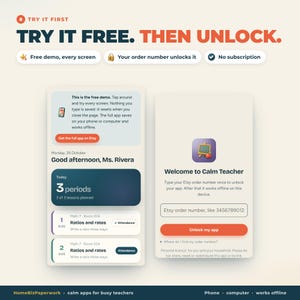 May include: A digital interface display titled TRY IT FREE. THEN UNLOCK. featuring two mobile app screens. One screen shows a teacher dashboard with lesson plans, while the other displays a login prompt for an Etsy order number to unlock the app.