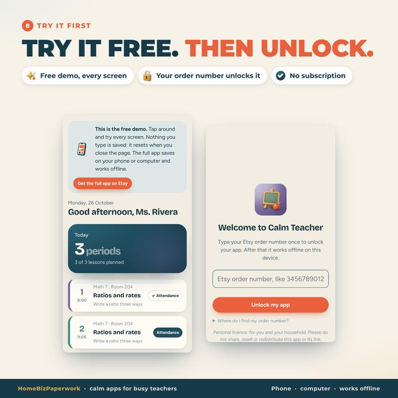 May include: A digital interface display titled TRY IT FREE. THEN UNLOCK. featuring two mobile app screens. One screen shows a teacher dashboard with lesson plans, while the other displays a login prompt for an Etsy order number to unlock the app.