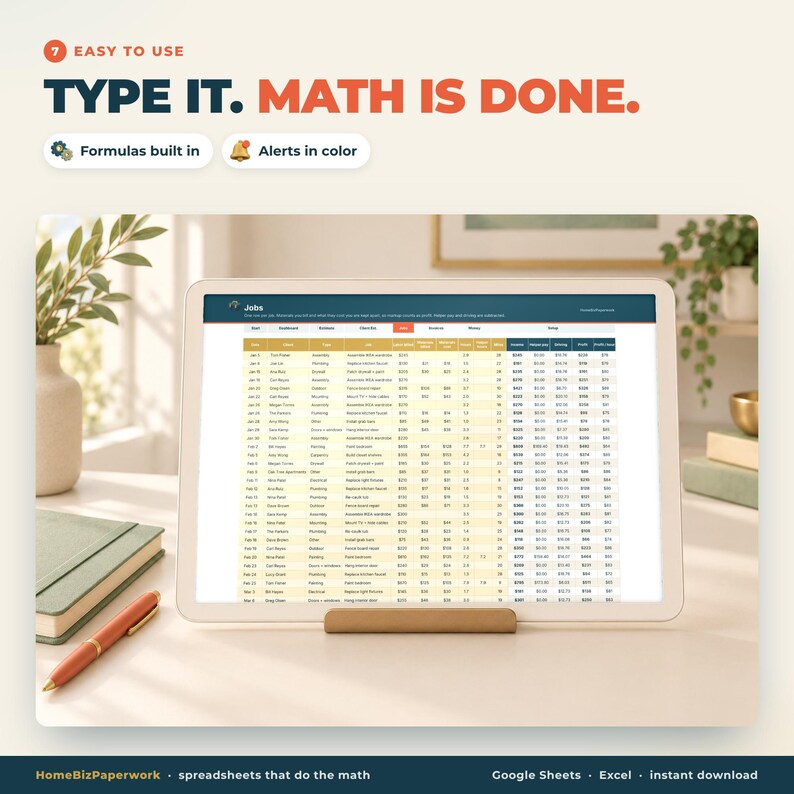 Pianificatore aziendale per tuttofare con Fogli Google Excel / Calcolatore di preventivi, Preventivi per clienti, Monitoraggio lavori, Fatture, Profitto orario immagine 8