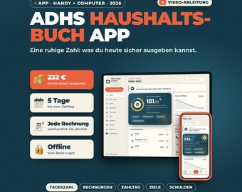 ADHS Haushaltsbuch App auf Deutsch, Budgetplaner für Handy und PC, Ausgaben Tracker, Rechnungen, Sparziele, Finanzplaner