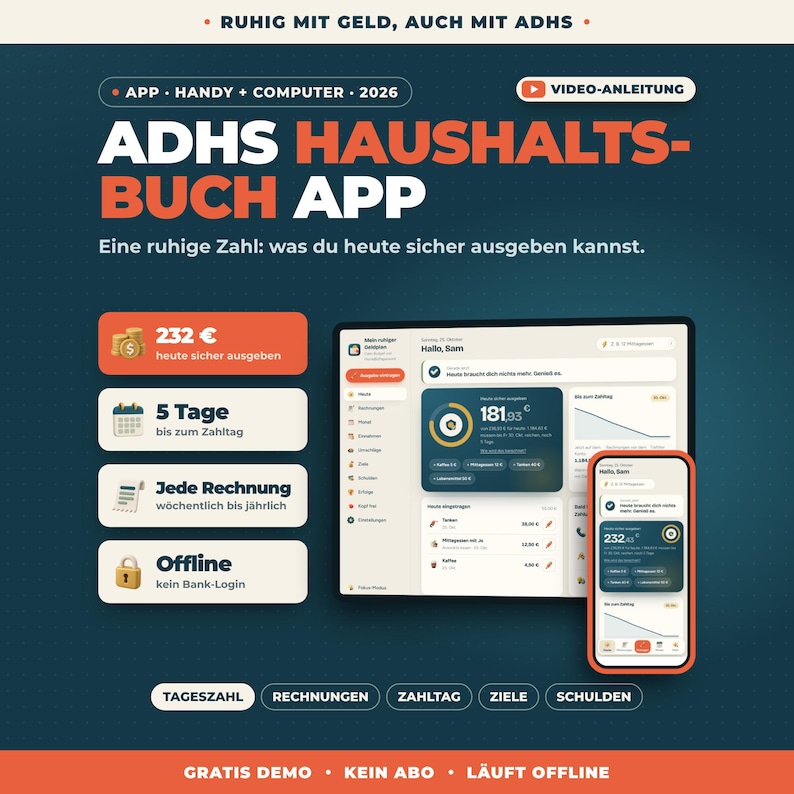 May include: A digital budget planner app for ADHD management displayed on a tablet and smartphone. The interface shows financial tracking features, daily spending limits, and bill reminders in a dark blue and orange color scheme with German text.