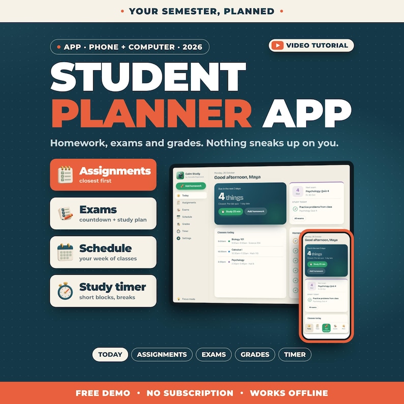 Puede incluir: Una aplicaci&oacute;n de planificaci&oacute;n estudiantil para tel&eacute;fono y computadora, 2026. La interfaz muestra tareas, ex&aacute;menes, horarios y un temporizador de estudio. Texto incluido: YOUR SEMESTER, PLANNED, STUDENT PLANNER APP.