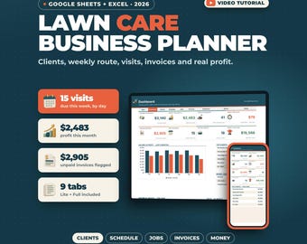 May include: A digital lawn care business planner for Google Sheets and Excel 2026. The interface displays a dashboard with financial metrics, visit tracking, and client management tools. Text includes MOW SMARTER. KNOW YOUR PROFIT. LAWN CARE BUSINESS PLANNER, and labels for clients, schedule, jobs, invoices, and money.
