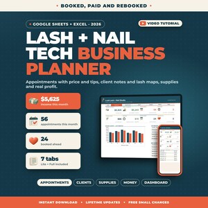 Lash and Nail Tech Business Planner Google Sheets Excel | Appointment Tracker, Client Notes, Lash Map, Supplies, Income, Profit
