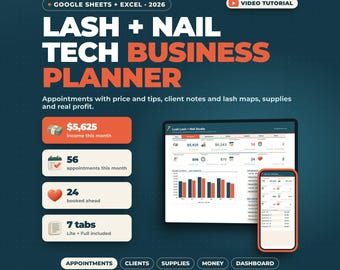 Business Planner per estetiste e onicotecniche: Fogli Google Excel / Monitoraggio appuntamenti, note clienti, mappa delle ciglia, forniture, entrate, profitti