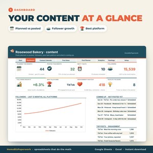 Calendario dei contenuti per i social media, foglio di calcolo Google Sheets Excel / Pianificatore di post, pianificatore di Instagram e TikTok, hashtag, tracker di analisi immagine 2