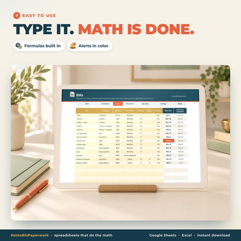 Puede incluir: Una tableta digital en un soporte muestra una hoja de c&aacute;lculo de seguimiento de facturas con columnas para categor&iacute;a, monto y fecha de vencimiento. El texto superior dice: EASY TO USE TYPE IT. MATH IS DONE. Botones Formulas built in y Alerts in color visibles.