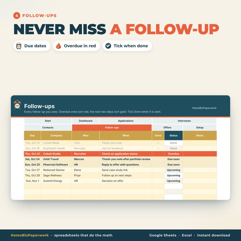 Job Application Tracker Spreadsheet Google Sheets Excel | Job Search Planner, Interview Tracker, Follow-Ups, Offer Comparison image 5