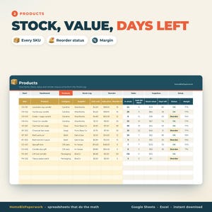 May include: A digital spreadsheet template titled Products: Stock, Value, Days Left. The table displays columns for SKU, Product, Category, Supplier, Unit cost, Sale price, Reorder at, In stock, Sold, Stock value, Days left, Status, and Margin.