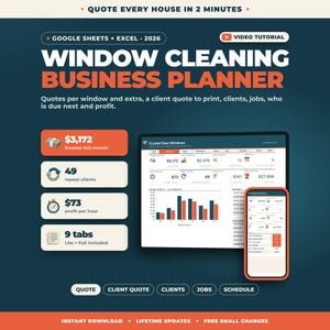 Window Cleaning Business Planner Google Sheets Excel | Price Per Window Quote, Client Quote, Client Tracker, Schedule, Profit