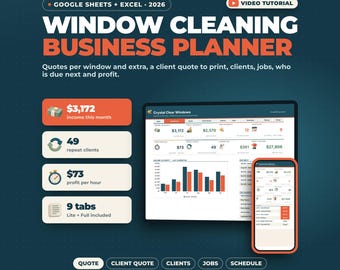 Pianificatore aziendale per la pulizia di finestre con Fogli Google Excel / Preventivo per finestra, Preventivo cliente, Monitoraggio clienti, Pianificazione, Profitto