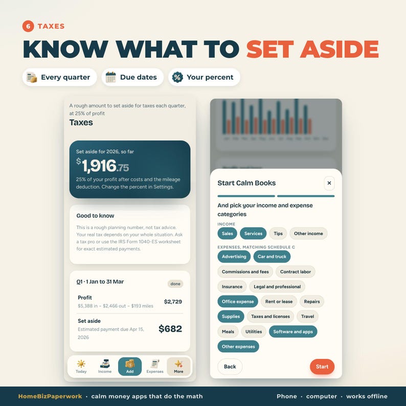 Puede incluir: Una interfaz digital con herramientas de planificaci&oacute;n fiscal y el texto Know What To Set Aside. La pantalla muestra un importe fiscal calculado de 1.916,75 $, cifras de beneficios trimestrales y un men&uacute; de categor&iacute;as.