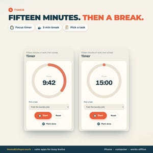 May include: A digital timer interface displaying the text FIFTEEN MINUTES. THEN A BREAK. Two screens show a circular progress bar, a countdown timer at 9:42 and 15:00, a task field labeled Fold the laundry pile, and buttons for Start, Reset, and Mark done.