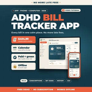 Könnte beinhalten: ADHD-Rechnungstracker-App für Telefon und Computer, 2026. Enthält ein Dashboard mit Rechnungsverfolgung, Kalender, Zahlungsstatus-Anzeigen und Offline-Funktionalität. Die Benutzeroberfläche zeigt einen Rechnungsbetrag von 404,99 $ auf dunkelblauem Hintergrund mit orangefarbenen Akzenten.