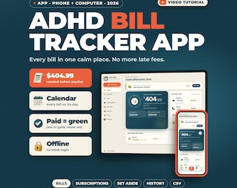 ADHD Bill Tracker App | Bill Calendar, Due Date Planner, Subscription Tracker, Bill Payment Log, Works Offline on Phone and Computer
