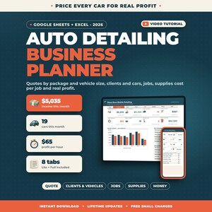 Auto Detailing Business Planner Google Sheets Excel | Car Detailing Price Calculator, Client and Vehicle Tracker, Supplies, Profit