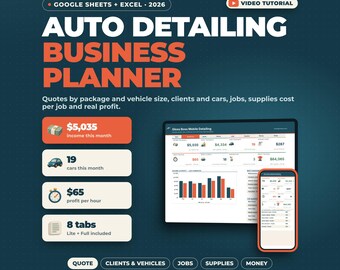 Pianificatore aziendale per autolavaggio e detailing con Fogli Google Excel / Calcolatore prezzi per autolavaggio e detailing, monitoraggio clienti e veicoli, forniture, profitto