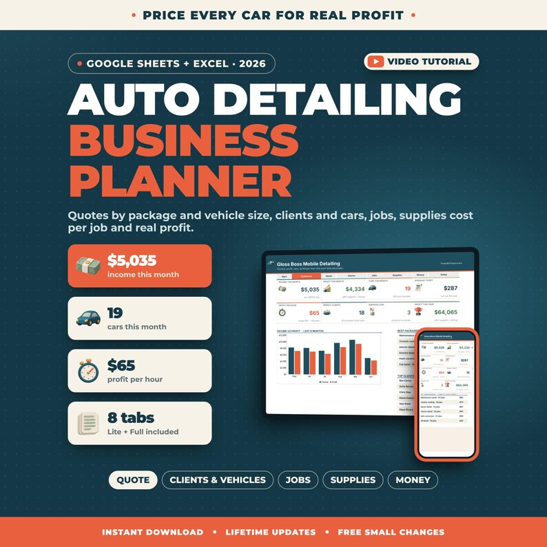 Pianificatore aziendale per autolavaggio e detailing con Fogli Google Excel / Calcolatore prezzi per autolavaggio e detailing, monitoraggio clienti e veicoli, forniture, profitto immagine 1
