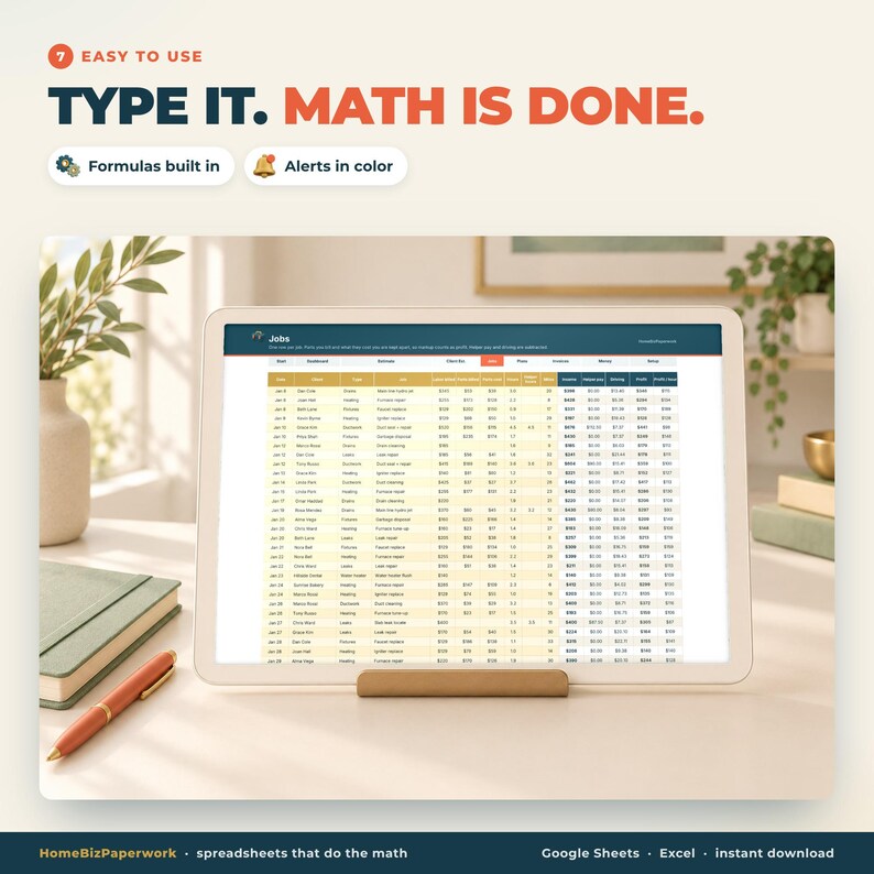 HVAC Plumbing Contractor Tracker Google Sheets Excel | Job Estimate Calculator, Maintenance Plans, Job Tracker, Invoices, Profit image 8