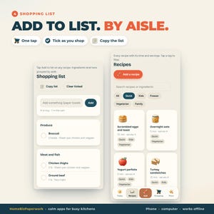 Pu&ograve; includere: Un'interfaccia digitale che mostra una lista della spesa e un'app di ricette. Il testo recita ADD TO LIST. BY AISLE. con funzioni come One tap, Tick as you shop e Copy the list. Gli schermi mostrano articoli categorizzati e schede ricetta.