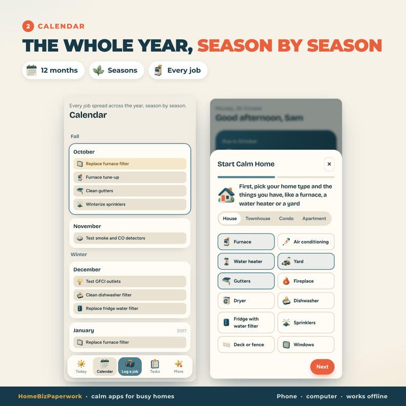 Pu&ograve; includere: Un'interfaccia di un'app per la manutenzione della casa intitolata The Whole Year, Season by Season. Mostra elenchi di attivit&agrave; mensili come la sostituzione del filtro della caldaia e una schermata di configurazione per vari tipi di abitazione.