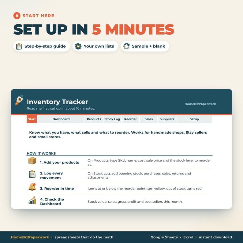 May include: A digital inventory tracker spreadsheet interface featuring a dark blue header with a rocket icon, labeled Inventory Tracker. It includes tabs for Start, Dashboard, Products, Stock Log, Reorder, Sales, Suppliers, and Setup, with instructions on how to add products, log movements, reorder, and check the dashboard.