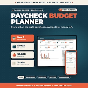 Puede incluir: Un planificador de presupuesto de n&oacute;mina digital para Google Sheets y Excel 2026. La interfaz muestra un panel con datos financieros, incluyendo $1,003 para gastar, $4,690 ahorrados y 7 pesta&ntilde;as. Incluye tutorial en video y vista m&oacute;vil.