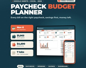 May include: A digital Paycheck Budget Planner for Google Sheets and Excel 2026. The interface displays a dashboard with financial data, including $1,003 left to spend, $4,690 saved, and 7 tabs. Includes a video tutorial and mobile view.