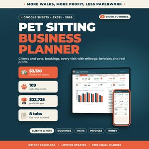 Pet Sitting Business Planner Google Sheets Excel | Dog Walking Tracker, Pet Client Info, Bookings, Mileage, Invoices, Profit