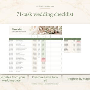 May include: A digital 71-task wedding checklist spreadsheet featuring columns for tasks, due dates, and status. The header includes the text 'Checklist' and 'Every task, right on time' with a banner image of wedding shoes and flowers.