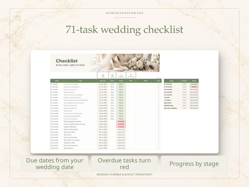 May include: A digital 71-task wedding checklist spreadsheet featuring columns for tasks, due dates, and status. The header includes the text 'Checklist' and 'Every task, right on time' with a banner image of wedding shoes and flowers.