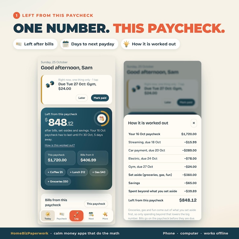 May include: A digital interface for a money management application showing a dashboard with a paycheck summary, bill tracking, and a breakdown of expenses. The screen displays text including Left from this paycheck, One number, and How it is worked out.