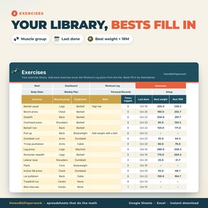 Fitness Tracker Spreadsheet Google Sheets Excel | Workout Log, Exercise Library, Body Stats, Weekly Plan, Personal Records, Gym Planner image 4