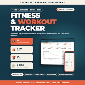 Fitness Tracker Spreadsheet Google Sheets Excel | Workout Log, Exercise Library, Body Stats, Weekly Plan, Personal Records, Gym Planner image 1