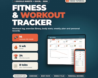 Fitness-Tracker-Tabelle (Google Sheets, Excel) | Trainingsprotokoll, Übungsbibliothek, Körperdaten, Wochenplan, persönliche Bestleistungen, Trainingsplaner