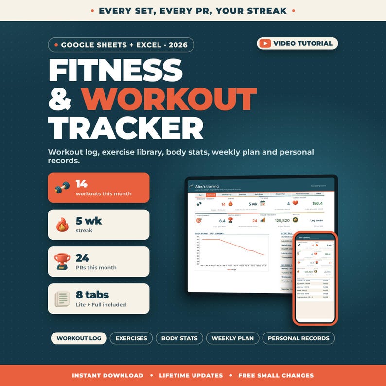 Fitness Tracker Spreadsheet Google Sheets Excel | Workout Log, Exercise Library, Body Stats, Weekly Plan, Personal Records, Gym Planner image 1