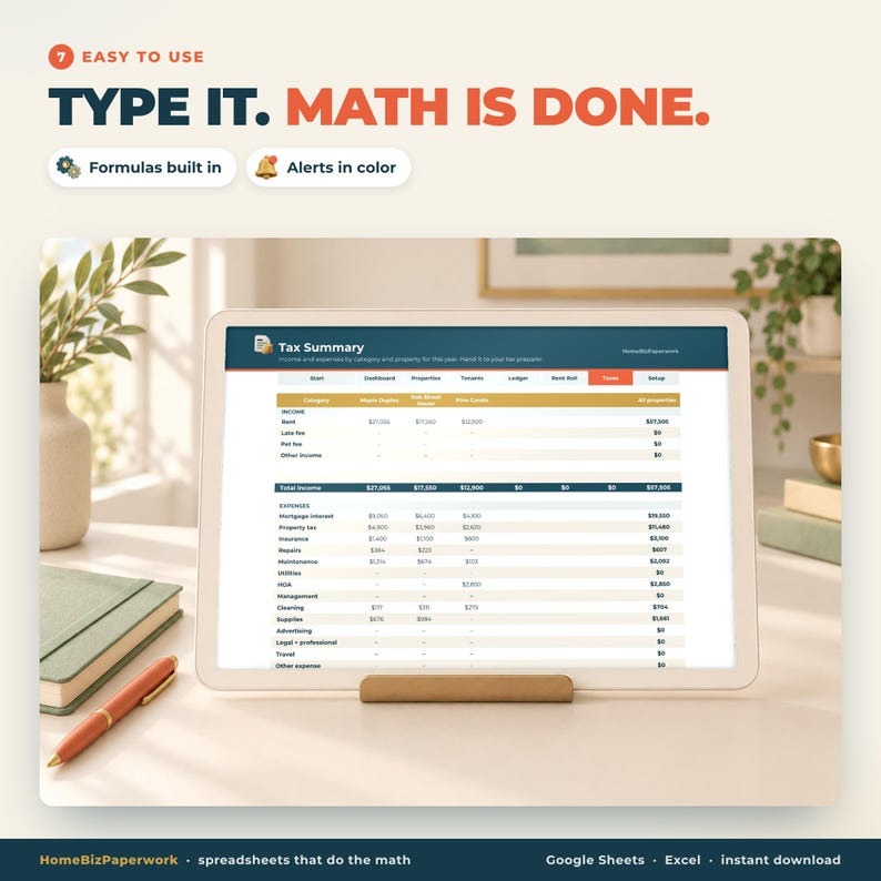 May include: A digital tablet displays a Tax Summary spreadsheet with income and expense categories. Text above reads: EASY TO USE, TYPE IT. MATH IS DONE. Formulas built in, Alerts in color. HomeBizPaperwork, Google Sheets, Excel, instant download.