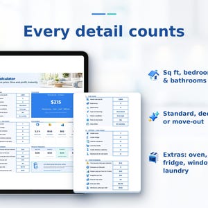 Pu&ograve; includere: Un calcolatore digitale per servizi di pulizia visualizzato su un tablet e uno schermo mobile. L'interfaccia include campi per dimensioni casa, camere, bagni ed extra come forno, frigo e finestre, con il testo Every detail counts.