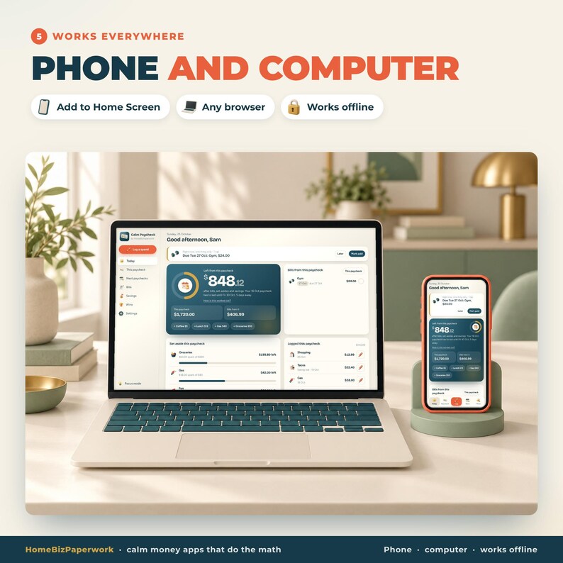 May include: A laptop and a smartphone displaying a financial dashboard with the text 'WORKS EVERYWHERE PHONE AND COMPUTER', 'Add to Home Screen', 'Any browser', 'Works offline', and 'HomeBizPaperwork calm money apps that do the math'.