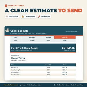 Pianificatore aziendale per tuttofare con Fogli Google Excel / Calcolatore di preventivi, Preventivi per clienti, Monitoraggio lavori, Fatture, Profitto orario immagine 4