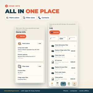 Pu&ograve; includere: Un'interfaccia digitale per un'applicazione di gestione domestica intitolata Home Info, All In One Place. Lo schermo mostra categorie per colori di vernice, dimensioni dei filtri e contatti, insieme a un registro per tracciare i lavori.