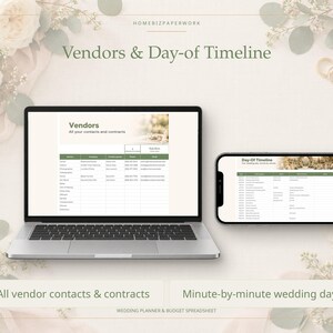 May include: A laptop and a smartphone displaying a digital wedding planner spreadsheet. The laptop screen shows a Vendors list with contact details, while the smartphone screen displays a Day-of Timeline with hourly schedules.