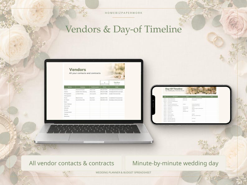 May include: A laptop and a smartphone displaying a digital wedding planner spreadsheet. The laptop screen shows a Vendors list with contact details, while the smartphone screen displays a Day-of Timeline with hourly schedules.