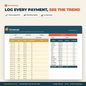 May include: A digital dividend tracker spreadsheet featuring a dividend calendar, transaction logs, and monthly totals. The interface displays columns for payment dates, ticker symbols, amounts, and reinvestment status, with a summary table for annual goals.