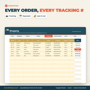 May include: A digital spreadsheet template titled Shopping, featuring columns for order date, store, recipient, item, order number, tracking, expected date, delivery status, and status. The table displays rows of online shopping data.