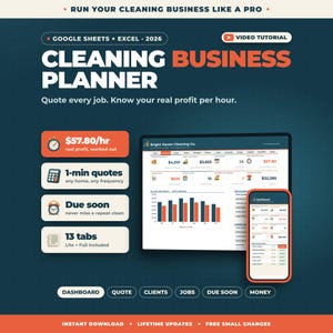 May include: A digital cleaning business planner for Google Sheets and Excel 2026, featuring a dashboard display on a tablet and smartphone. The interface shows financial data, job quotes, and scheduling tools with orange and dark blue accents.