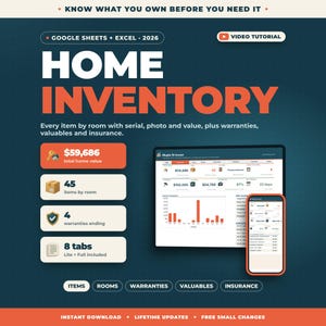 Foglio di calcolo per l'inventario domestico (Google Sheets Excel) / Inventario assicurativo, monitoraggio delle garanzie, oggetti di valore, articoli per la casa per stanza immagine 1