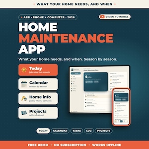 Pu&ograve; includere: Un'interfaccia di app per la manutenzione domestica per telefono e computer, edizione 2026. Il display mostra una dashboard con sezioni per Oggi, Calendario, Info casa e Progetti, con elenchi di attivit&agrave; e strumenti di budget.