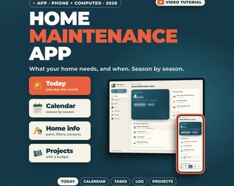 Application de suivi de l'entretien de la maison | Liste de tâches saisonnières, calendrier d'entretien, journal des réparations, inventaire des biens, budget des projets