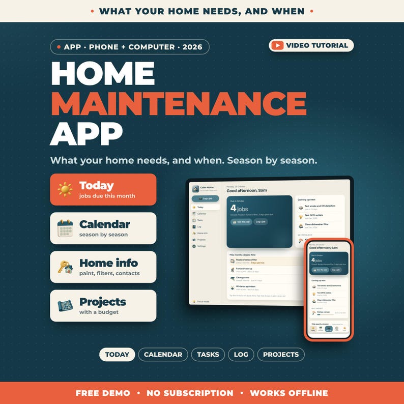 Pu&ograve; includere: Un'interfaccia di app per la manutenzione domestica per telefono e computer, edizione 2026. Il display mostra una dashboard con sezioni per Oggi, Calendario, Info casa e Progetti, con elenchi di attivit&agrave; e strumenti di budget.